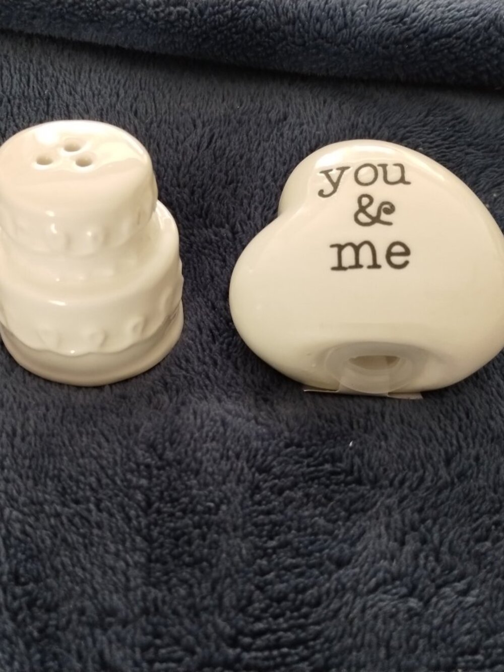 White wedding cake & You & me heart shaped, salt & pepper shakers